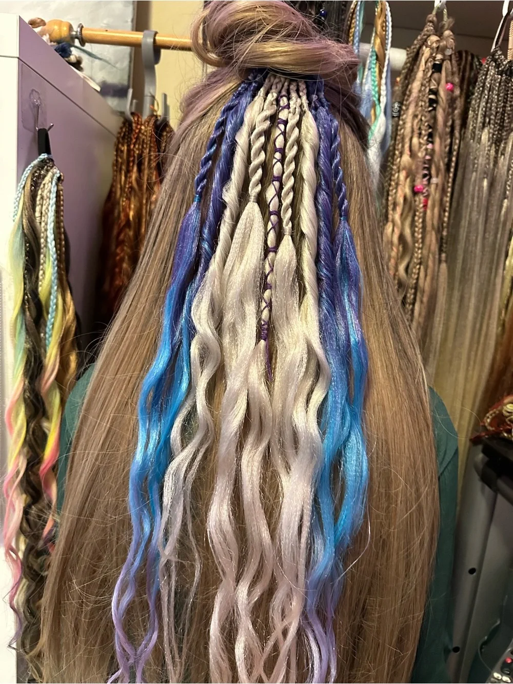 Colorful Synthetic Hair Extensions — Purple, Blue & Silver Accent Braids